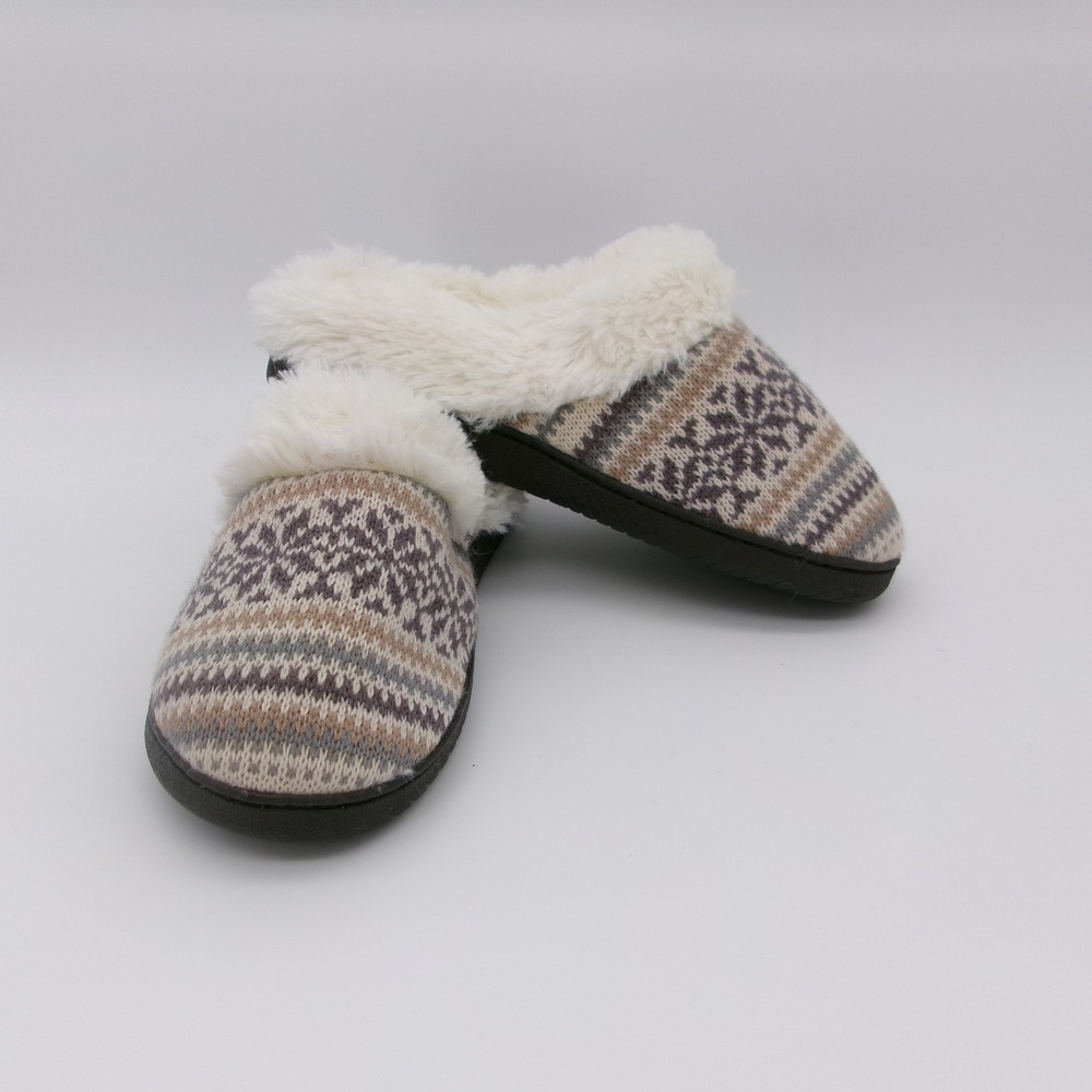 Muk Luks Womens Fair Isle Knit Faux Fur Lined Scuff Slippers Grey Tan Size S 5-6